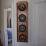 Arts and Crafts style vertical four plate rack made of white oak.